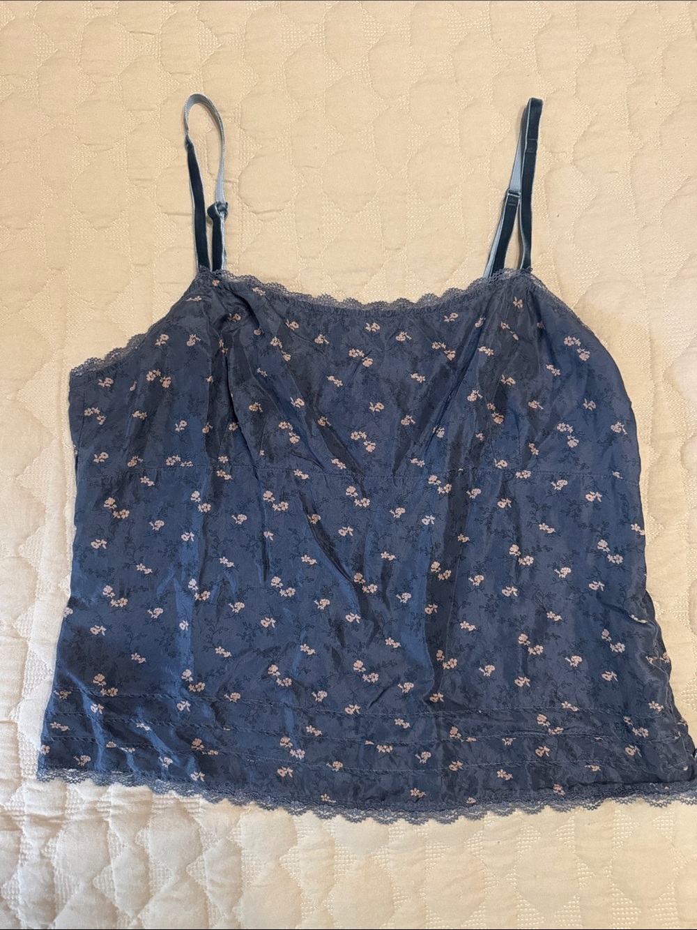 Tommy Hilfiger 100% Silk Navy Blue Floral Lace-Trim Camisole with Velour straps